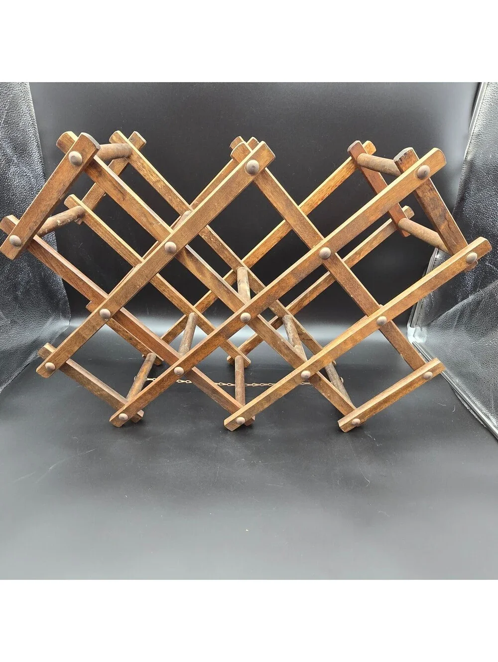 Vintage Mid-Century Modern Accordion Wooden Wine Rack Expandable with Chain